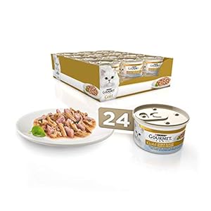 GOURMET Gold Doble Placer, Comida Húmeda para Gato Adulto, Trocitos de Pescado del Océano en salsa con Espinacas, Pack de 24 Latas de 85 g