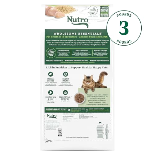 NUTRO WHOLESOME ESSENTIALS HAIRBALL CONTROL CAT FOOD DRY CHICKEN & BROWN RICE RECIPE, DRY CAT FOOD FOR ADULTS, 3 LB. BAG