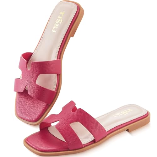 YTSKJ Sandals for Women Dressy Cute Summer Flat Slides Comfortable Soft Faux Leather for Ladies Casual Square Open Toe Slip On Beach Sandals Rose Size 7 at Amazon