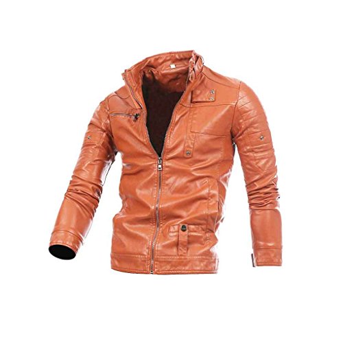 Harmily Mens Casual Leather Zipper Jacket Coat Winter Stand Collar Pocket Tops