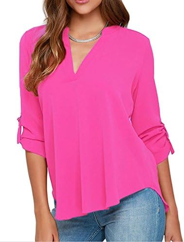 Elady Sexy Loose Fitting Chiffon Blouse Top For Women V Neck Shirt Pink (S)
