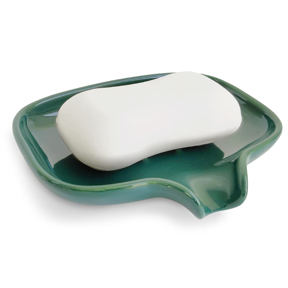 Multi-Color Ceramic Soap Dish for Kitchen or Bathroom, Easy to Clean, Self Draining Soap Holder, Keeps Soap Dry (Green)