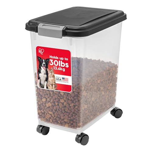 IRIS USA Contenedor Hermético WeatherPro, hasta 13.6 Kg, con ruedas, Ideal para perros, gatos y aves, Mantiene la frescura, translúcido y libre de BPA, Negro