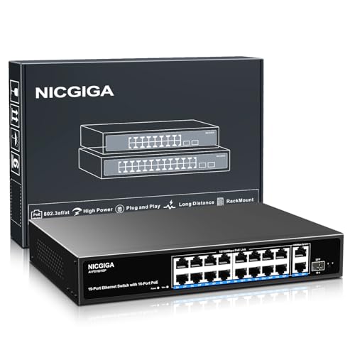 16 Port PoE Switch Unmanaged, 16-Port PoE+@250W, 2 Gigabit Uplink Ports, 1 SFP Port, NICGIGA 19 Port Network Power Over Ethernet Switch, VLAN Mode, AI Watchdog 19 Inch RackMount, Plug and Play.