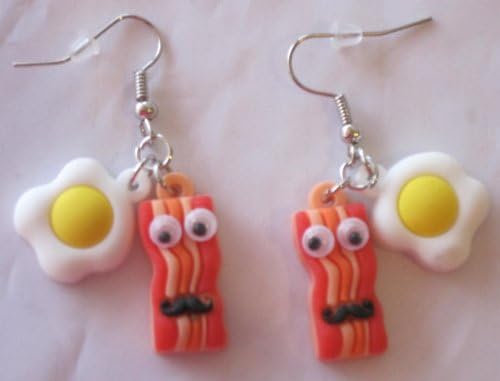 Bacon and Eggs Googly Eyes and Mustache Dangle Earrings Breakfast Food Fashion Novelty Jewelry