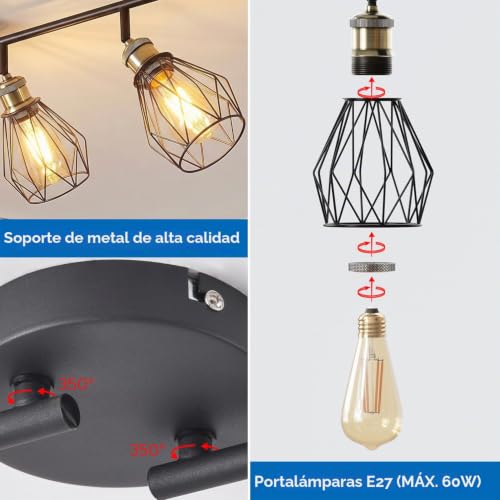 ANWIO Ceiling Lamp with 4 Bulbs, E27 Rotating Interior LED Spotlights, Black Ceiling Lamps, Wall Spotlight for Indoor Lighting for Bedroom, Hallway, Kitchen (No Bulb)