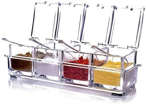 Unique Enterprise Crystal Seasoning Acrylic Box Pepper Salt Spice Rack Plastic 4 Box with Spoons Kitchen See Through Storage Containers Cooking Tools
