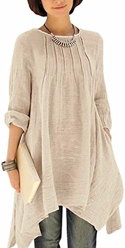 Gikim Women's Plus Size Casual Long Sleeve Linen Cotton Irregular Dress with Pockets
