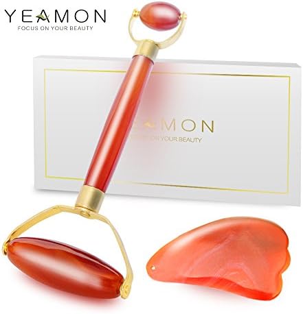 Anti Aging Natural Agate Jade Roller for face and Gua Sha Scraping Massage Tool Set Therapy, 100% Natural Agate Facial Roller with Double Neck Slimming Massager, Gift Boxed Included by Yeamon