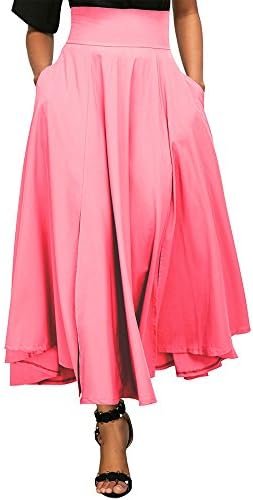 Jessica CC Women' s High Waist Pleated A Line Midi Long Skirt Front Slit Belted Maxi Skirt S-XXL