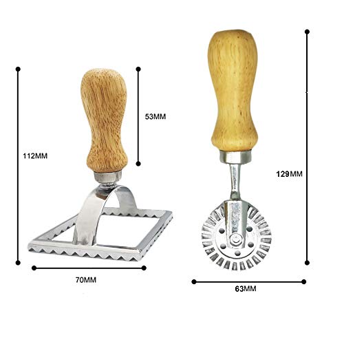 Ravioli Maker Cutter Stamps and Pasta Wheel Set Round & Square Shape Ravioli Masker with Wooden Handle and Fluted Edge, Pasta Press Kitchen Attachment,Set of 4