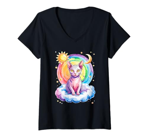 Womens Rainbow Clouds Sphynx Cat Canadian Hairless Cat V-Neck T-Shirt