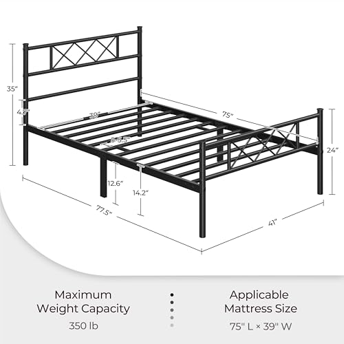 Yaheetech Twin Metal Platform Bed Frame Mattress Foundation with Headboard and Footboard No Box Spring Needed Under Bed Storage Steel Slats Black
