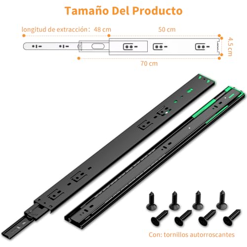 HOGESA Rieles para Cajones, 50CM/20" Rieles Para Cajones Cierre Suave, 3 Secciones de Extensión Completa con Rodamiento de Bolas, Soporte Lateral Telescópico para Armario, Capacidad de 100 Libras