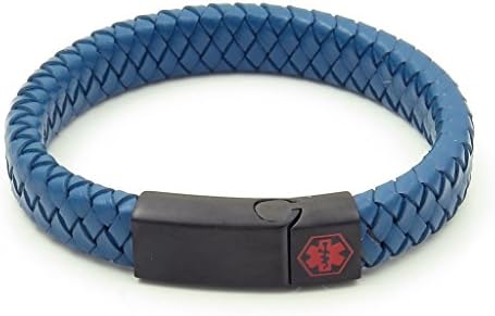 IDtagged Warfarin Blue Braided Leather Medical ID Bracelet w/ Matte Black Magnetic Clasp