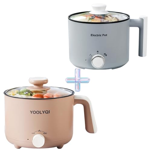 YOOLYQI 2 Electric Hot Pot:1.5 L Ramen Cooker, Dual Power Mini Portable Multi-Functional Lazy Pot for Pasta, Noodles, Egg, Soup, Non-Stick Noodle Cooker with Boil Dry Protection for Dorm, Office
