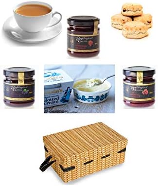 Cornish Hamper - Cornish Cream Tea Hamper - Scones, Rodda's Cornish Clotted Cream, Conserves & Smugglers Brew Teabags - Wicker Effect Gift Box