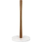 Buruis Acacia Wood Paper Towel Holder with Marble Base, White | One-Hand Tear, Countertop Paper Towel Organizer, Weighted Marble Base, Modern Kitchen Decor