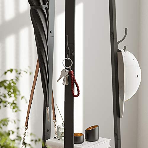 VASAGLE Coat Rack, Coat Stand with 6 Hooks, 3 Round Shelves, Steel Frame, for Scarves, Bags and