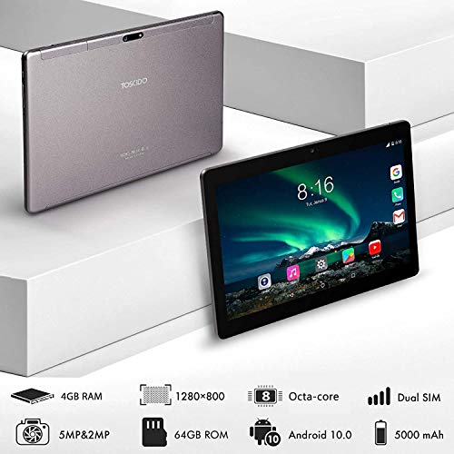 Tablet-10-Pulgadas-8-Core-TOSCIDO-Android-100-Certificado-por-Google-GMS-4G-LTE-Tablets4GB-de-RAM-y-64-GBDobles-SIM-GPSWiFiTeclado-BluetoothRatonFunda-para-Tableta-y-Mas-Incluidos-Gray