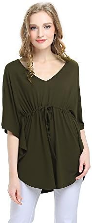 Yagoor Women's V-neck Casual Loose Fit Tunic Shirt with Drawstring Detail Tailored Batwing Short Sleeve Plus Size Blouse Top army green xl