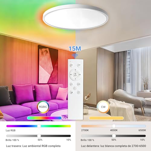 ET EASYTAO Lampara de Techo, Lampara Led Inteligente Wifi, Lámpara Alexa con Retroiluminación RGBIC, Control Remoto y Smart Life APP, 30cm, 24W, 2200LM, Ultradelgado
