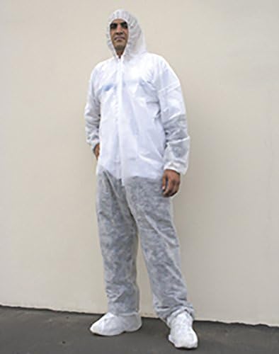 Lot 25 Pcs Lab Coat Disposable White Standard Coverall with Attached Hood & Boots w / Zipper Front Latex Free Elastic Wrist & Ankle (25 Per Case) Size Large