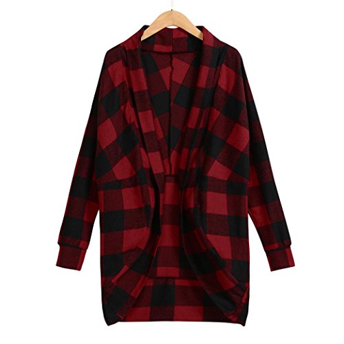 Tsmile Womens Cardigan Coat Clearance Autumn Long Jackets Irregular Lattice Print Ladies Outwear (Red, M)