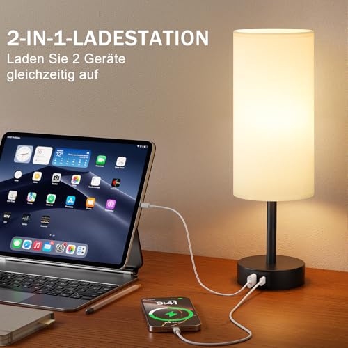 PreeOtti Bedside Lamp Touch Dimmable Table Lamp with USB A+C Charging Function, Linen Fabric Lampshade, Touch Lamp for Bedside Table, Living Room, Bedroom, Children's Room, Office (Includes Bulb)