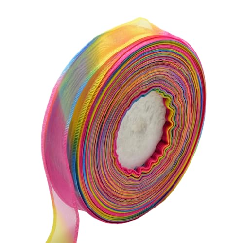 CABODYALS 100 Yards 38MM Rainbow Organza Ribbon Gradient Sheer Trimming Colourful Transparent Fabric Shimmer Chiffon Satin Ribbons for Wrapping Gift Making Bows Diy Craft Party Festival Decoration