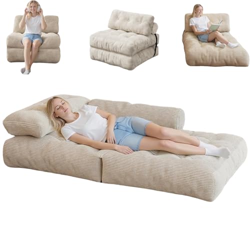 190 * 85 * 20Cm Folding Sofa Bed, Portable Fold Out Floor Couch Lounge, Convertible Sleeper Chair with Pillow for Living Room Bedroom, Beige