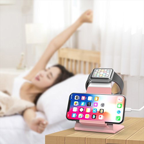 XUNMEJ Apple Watch Stand Apple Watch Charging Dock Stand Bracket Station Holder for Apple Watch Series 3/Series 2/ Series 1 (42mm 38mm) iPhone X 8 8plus 7 7plus 6S 6plus (Rose Gold)