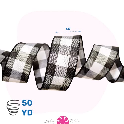 Morex Ribbon Cambridge Wired Plaid Ribbon, 1.5" x 50 yd, Black Gingham ...