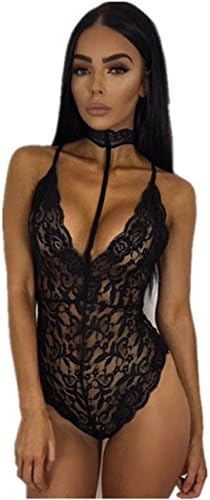 OQC Women's Sexy Choker V Neck Lace Babydoll Mini Bodysuit Lingerie Underwear Set