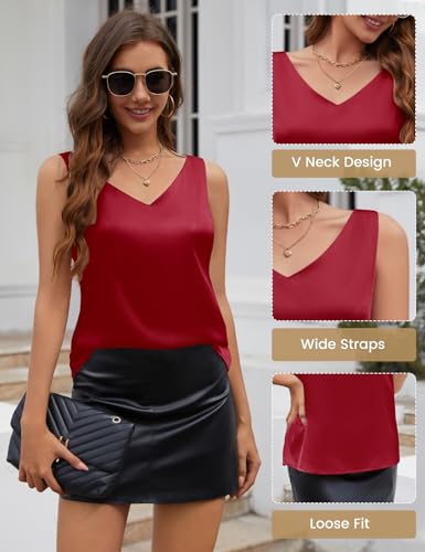 CMTOP Women's Sleeveless Shirt V Neck Satin Camisole Top Elegant Sexy Blouse Shirt Casual Cami Tank Tops