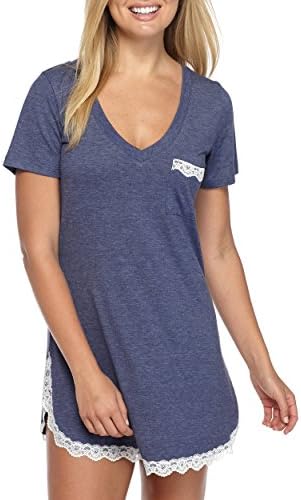 Sechico Women's Nightgown Short Sleeve Lace Chemise Shirt Sleepwear, Blue, Medium