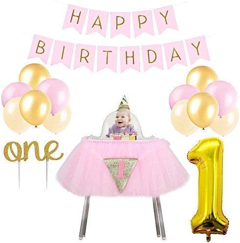 1st Birthday Party Decorations for Girls. Includes High Chair Tutu, Happy Birthday Banner, Pink, Gold and Ivory Balloons, Gold Foil 1 Balloon, First Birthday Gold Sparkle One Cake Topper