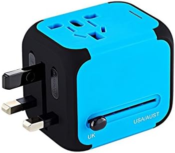 DooVii International Travel Adapter with 2.4A Dual USB Charger & Worldwide AC Wall Outlet Plugs for Europe, UK, US & AU - Built-in Spare Fuse,Blue,by
