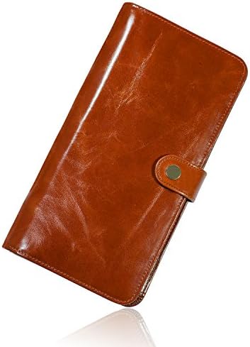 Women's Large Capacity Luxury Wax Genuine Leather Clutch Wallet Card Holder Ladies Purse -WELMADE CHEX (Caramel Rfid Blocking)