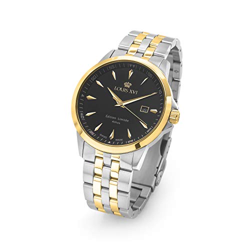 LOUIS-XVI-Herren-Armbanduhr-Athos-Slim-Stahlband-Bicolor-Silber-Gold-Schwarz-Analog-Quarz-Edelstahl-928