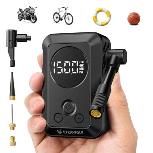 ETENWOLF Elektrische Fahrradpumpe,10,34 BAR Tragbare Reifenpumpe mit Presta und Schrader Ventil für Mountainbike,Rennrad,Motorrad,Ball,Schnellbefüllung&Auto-Stopp Luftpumpe mit Manometer