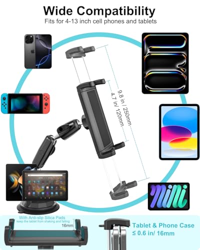 Dosvsi Car Windshield Tablet Holder, Strong Suction Cup Tablet Mount, 360° Rotation Truck Dashboard Tablet Holder for iPad Pro 13 12.9 11 9.7 Air Mini, iPad 10th, Galaxy Tab, iPhone, All 4-13" Tablet