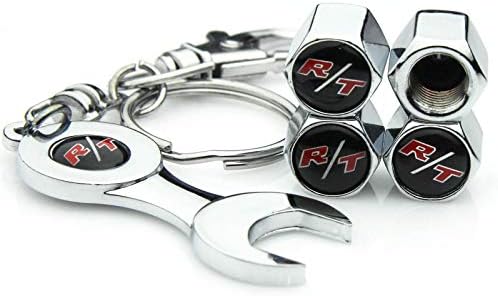 XUXU521 4pcs Red R/T Metal Car Tire Valve Caps + Wrench Keychain Keyring for Challenger Charge Dakota Attitude Avenger Journey