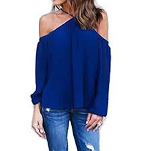 Hotouch Women's Casual Chiffon Long Sleeve Off Shoulder Halter Neck T-Shirt Loose Blouse Tops(Dark Blue M)