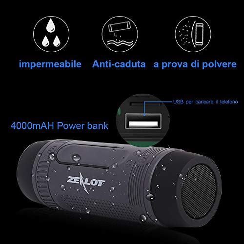 ZEALOT S1 Cassa Bluetooth Piccola Portatile Waterproof IPX5 Con Torcia Ciclismo Altoparlante Wireless Bicicletta Casse Bluetooth 15 Ore Di Riproduzione AUX/TF card/USB per Esterno Casa Viaggio