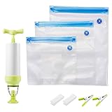 Sous Vide Bags Kit for Anova Cookers-15 Reusable BPA Free Food Vacuum Sealed Bags,1 Hand Pump, 2 Bag Sealing Clips and 2 Sous Vide Clips, Easy to Use, Practical for Food Storage & Cooking