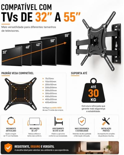 Suporte Articulado para TV 32 a 55 Pol Universal Ajustável até 30kg | Ajuste livre, Metálico, Padrão Vesa, Suporte articulado, Parede TV, 32 a 55 polegadas, Até 30kg