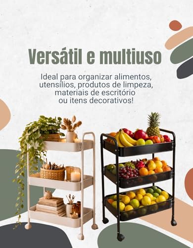Carrinho Multiuso Organizador 3 Prateleiras em Metal com Rodinhas para Cozinha, Banheiro, Lavanderia e Escritório (Preto)