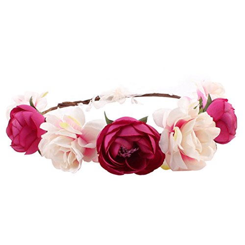 Catnew Ladies Boho Floral Garland Headband Bride Wedding Hair Wreaths -Rose Red