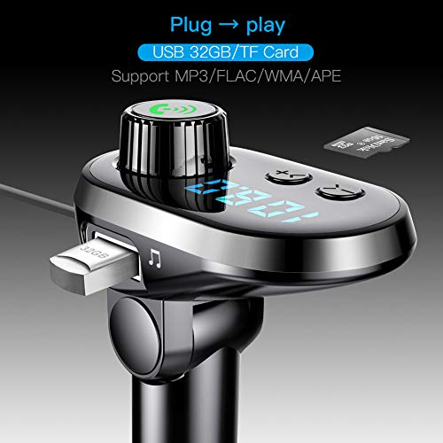 Bluetooth FM Transmitter Car Adapter, MANLI Car Charger MP3 Player, Bluetooth 5.0, with 3 Ports for iPhone, Android and Type C, 1 USB 5V/2.1A and TF Card Connection, Handsfree